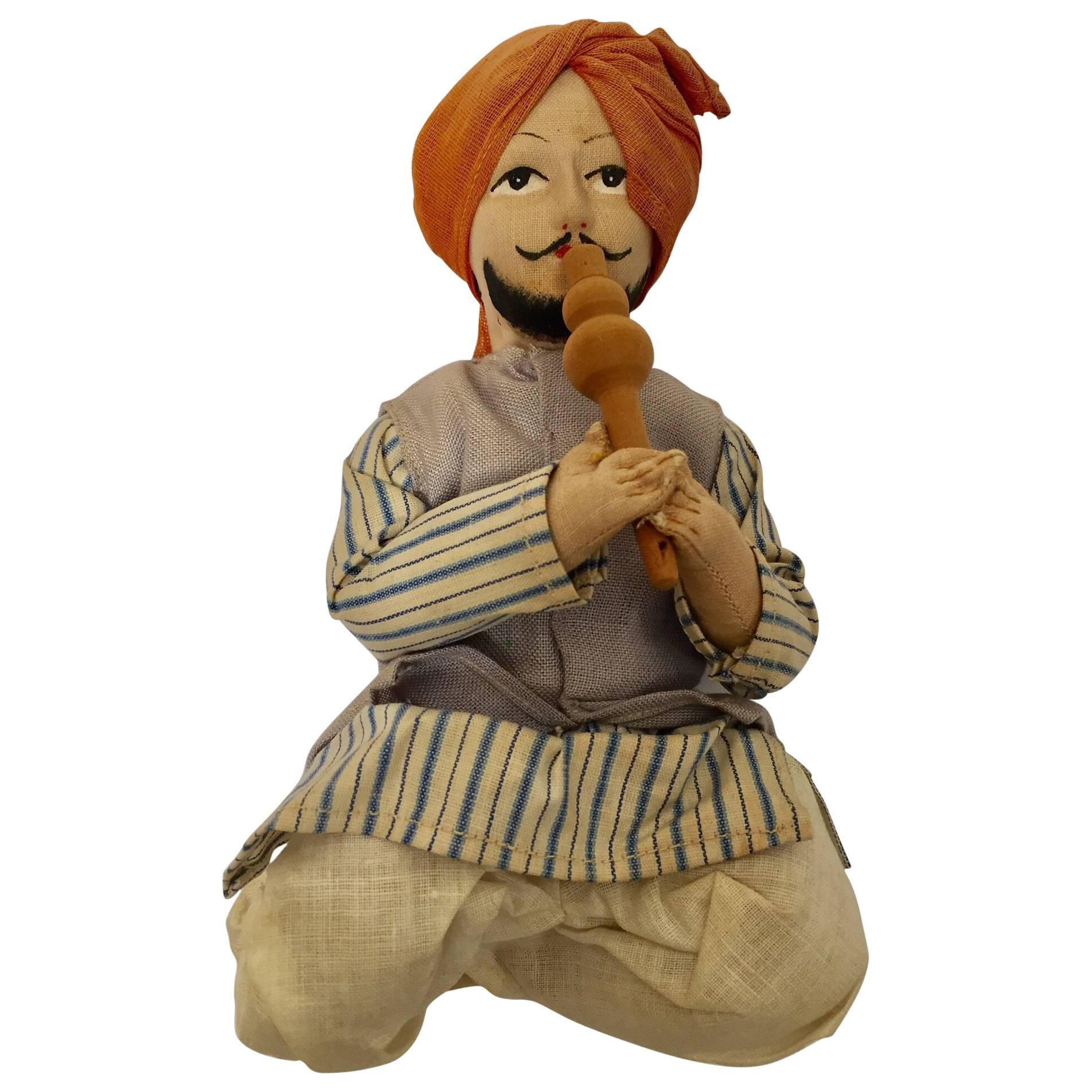 Handcrafted Anglo-Raj Vintage Stuffed Sitting Snake Charmer Doll, India