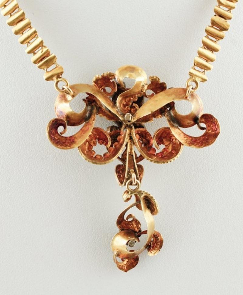 Handcrafted Antique 1850s Gelbgold Halskette, Türkis und Perlen (Retro) im Angebot