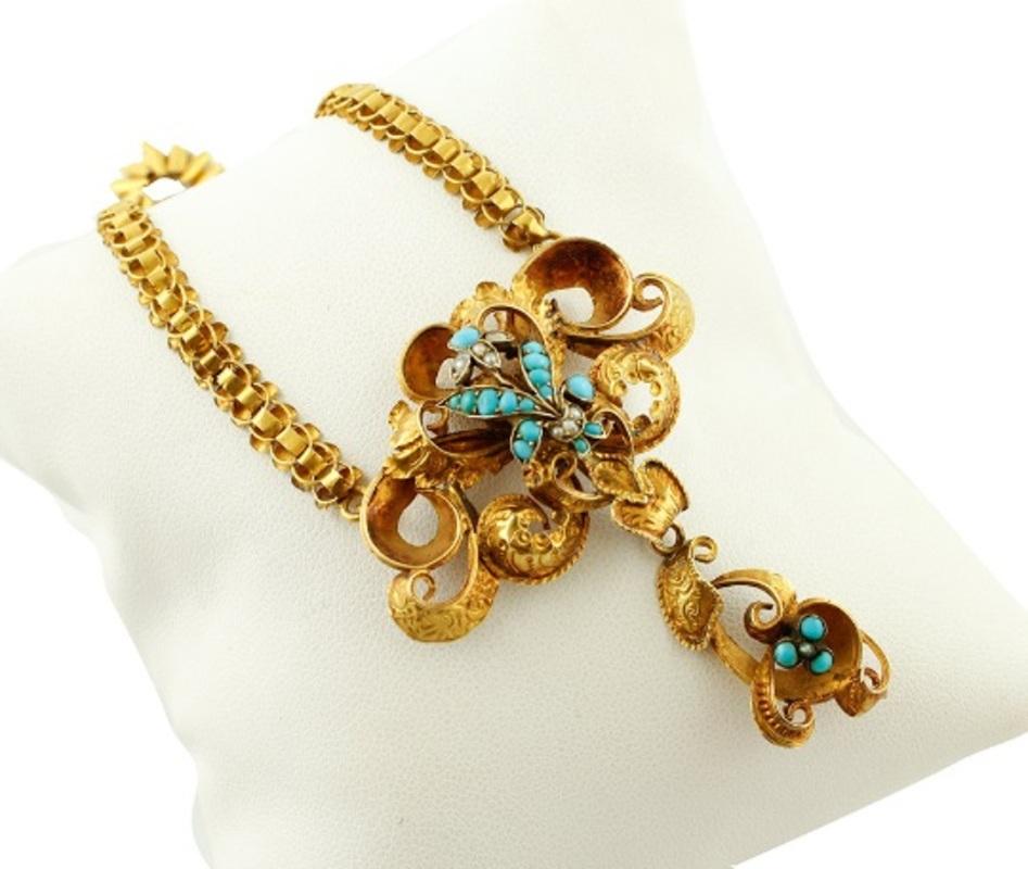 Handcrafted Antique 1850s Gelbgold Halskette, Türkis und Perlen (Gemischter Schliff) im Angebot