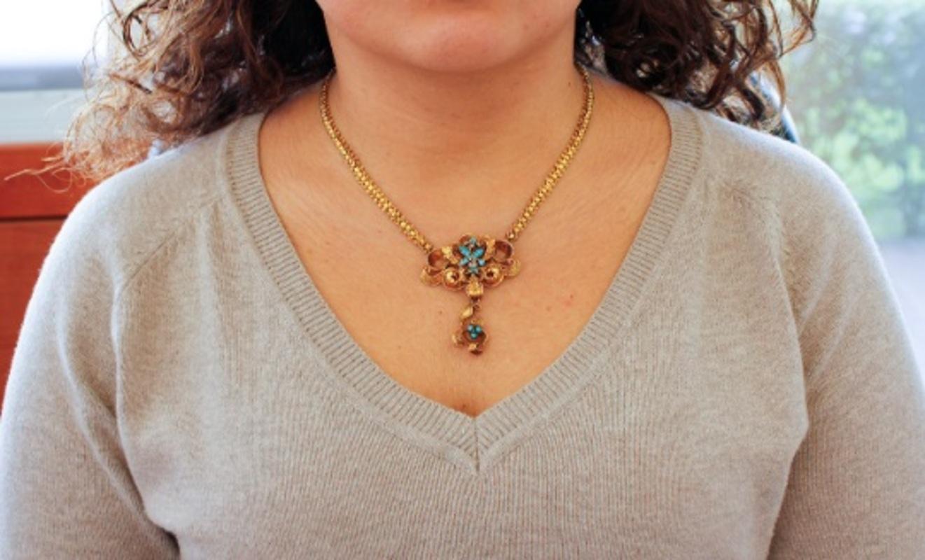 Handcrafted Antique 1850s Gelbgold Halskette, Türkis und Perlen im Zustand „Gut“ im Angebot in Marcianise, Marcianise (CE)