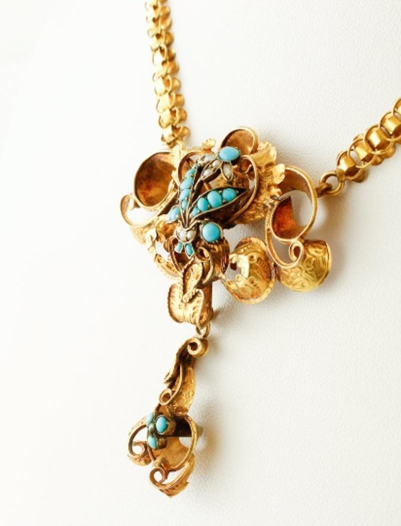Mixed Cut Handcrafted Antique 1850s Yellow Gold Necklace, Turquoise and Pearls For Sale