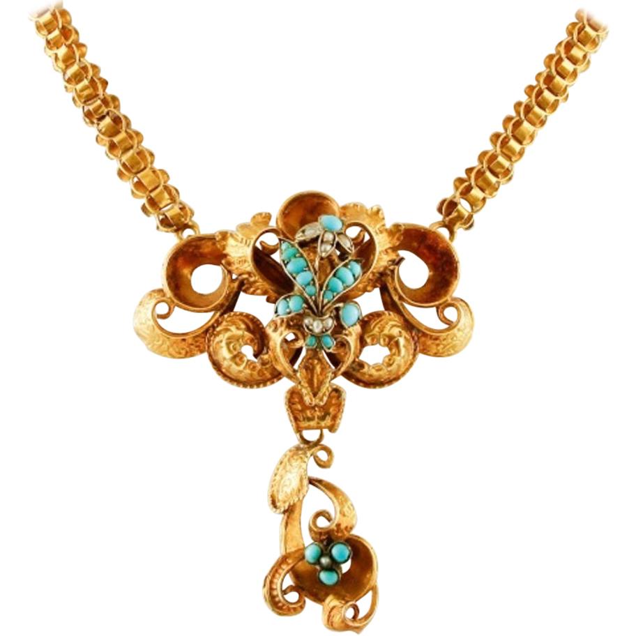 Handcrafted Antique 1850s Yellow Gold Necklace, Turquoise and Pearls For Sale