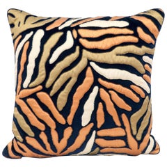 Handcrafted Appliqué Navy Blue Velvet Pillow Embroidered Abstract Leaf Design