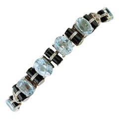 Vintage Handcrafted Aquamarine, Diamonds, Onyx, White Gold Link Bracelet