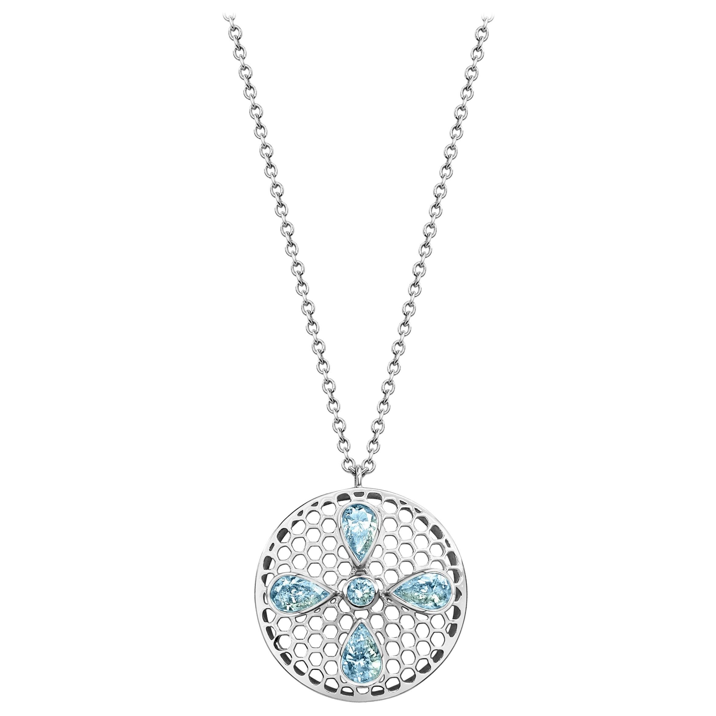 Handcrafted Aquamarines and 18 Karat White Gold Pendant Necklace For Sale