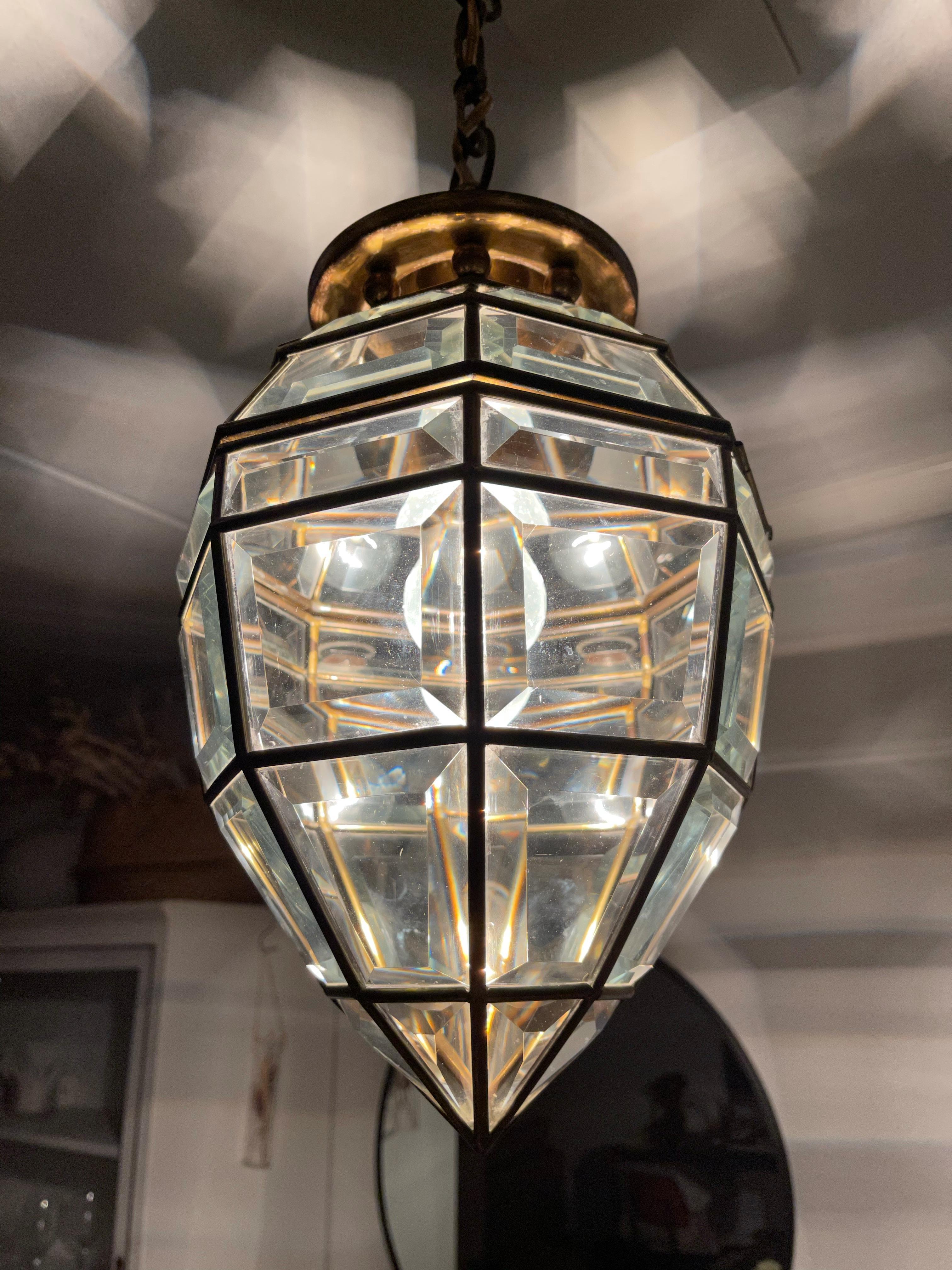 Hand-Crafted Handcrafted Art Deco Pendant Light Diamond Shape with 48 Beveled Glass Pieces