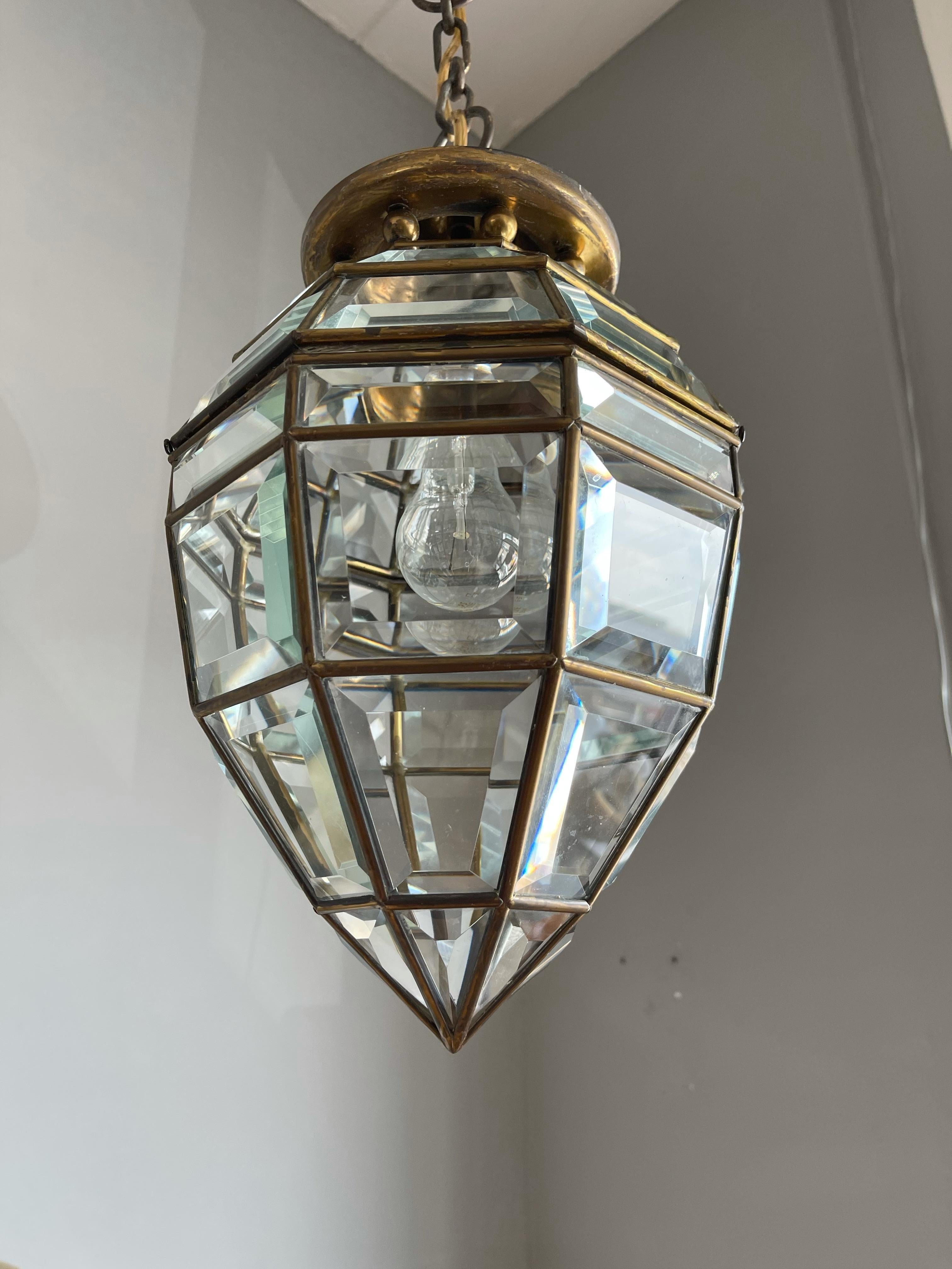 Brass Handcrafted Art Deco Pendant Light Diamond Shape with 48 Beveled Glass Pieces