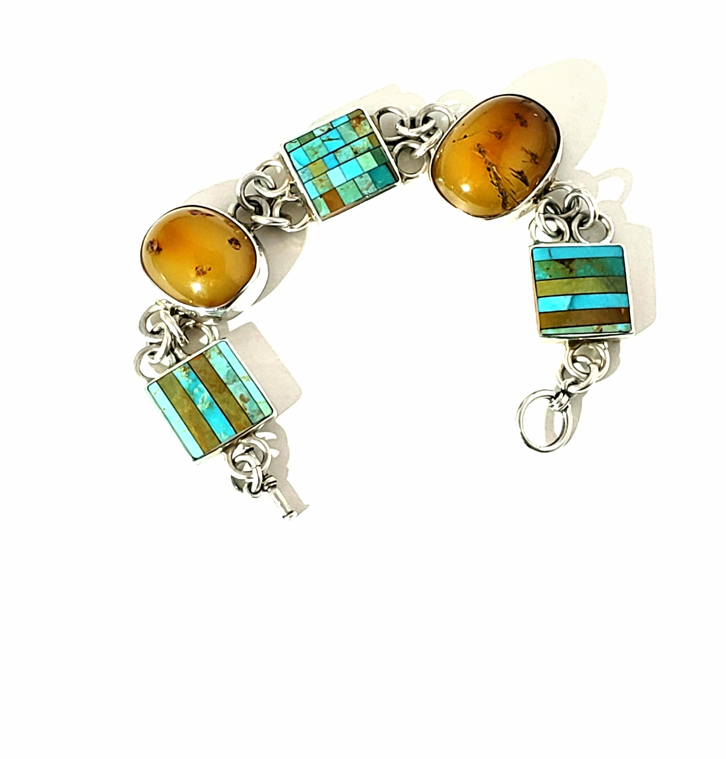 Cabochon Handcrafted Artisan Signed Amber and Inlay Turquoise Link Bracelet