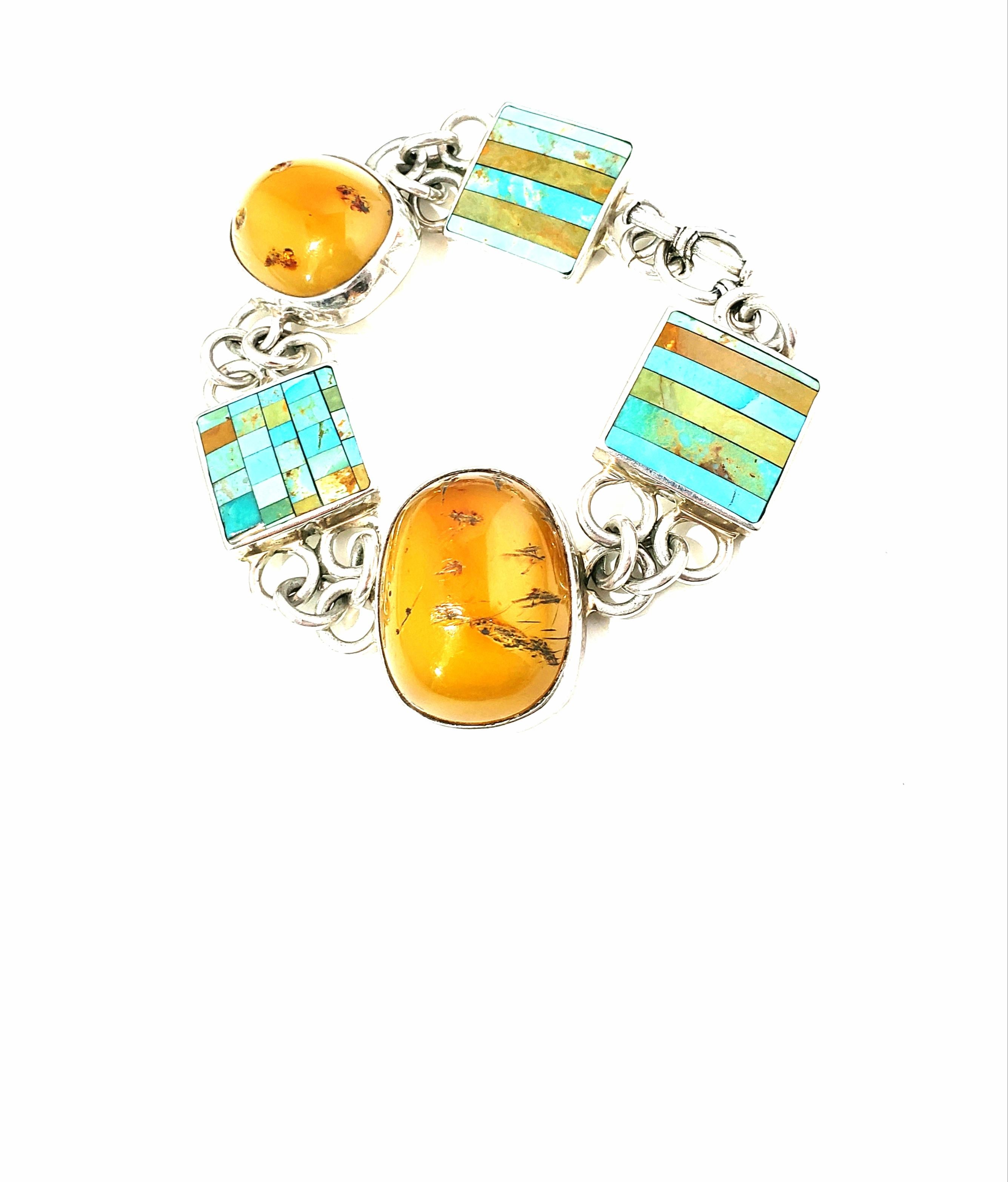 Handcrafted Artisan Signed Amber and Inlay Turquoise Link Bracelet 2