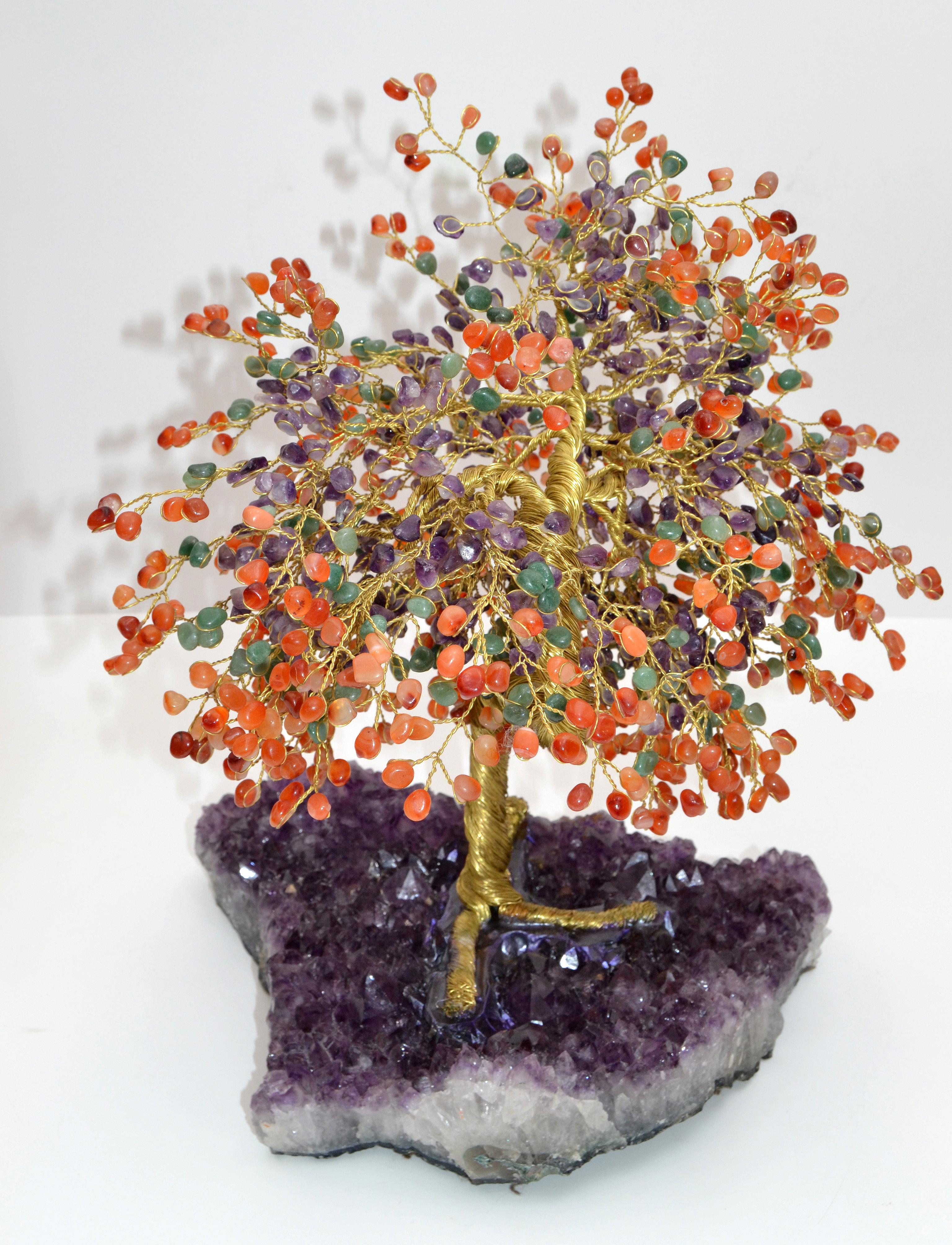 Arts & Crafts metal tree sculpture with beads mounted on a purple amnesty fossil.
Note the details and the craftsmanship.
No signature found.