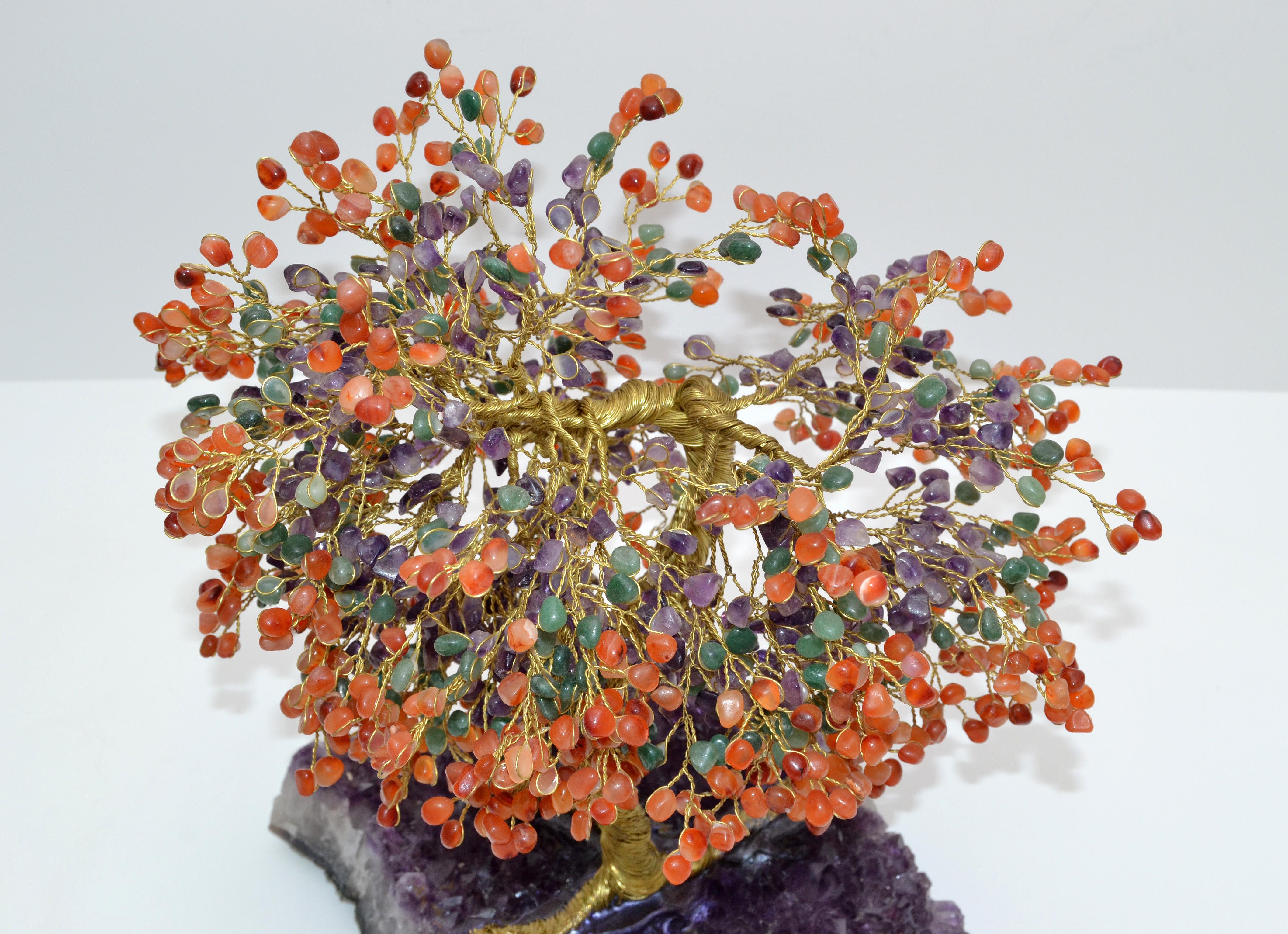 Handcraft Arts & Crafts Tree Metal Sculpture Beads Purple Amnesty Fossil Base Bon état - En vente à Miami, FL
