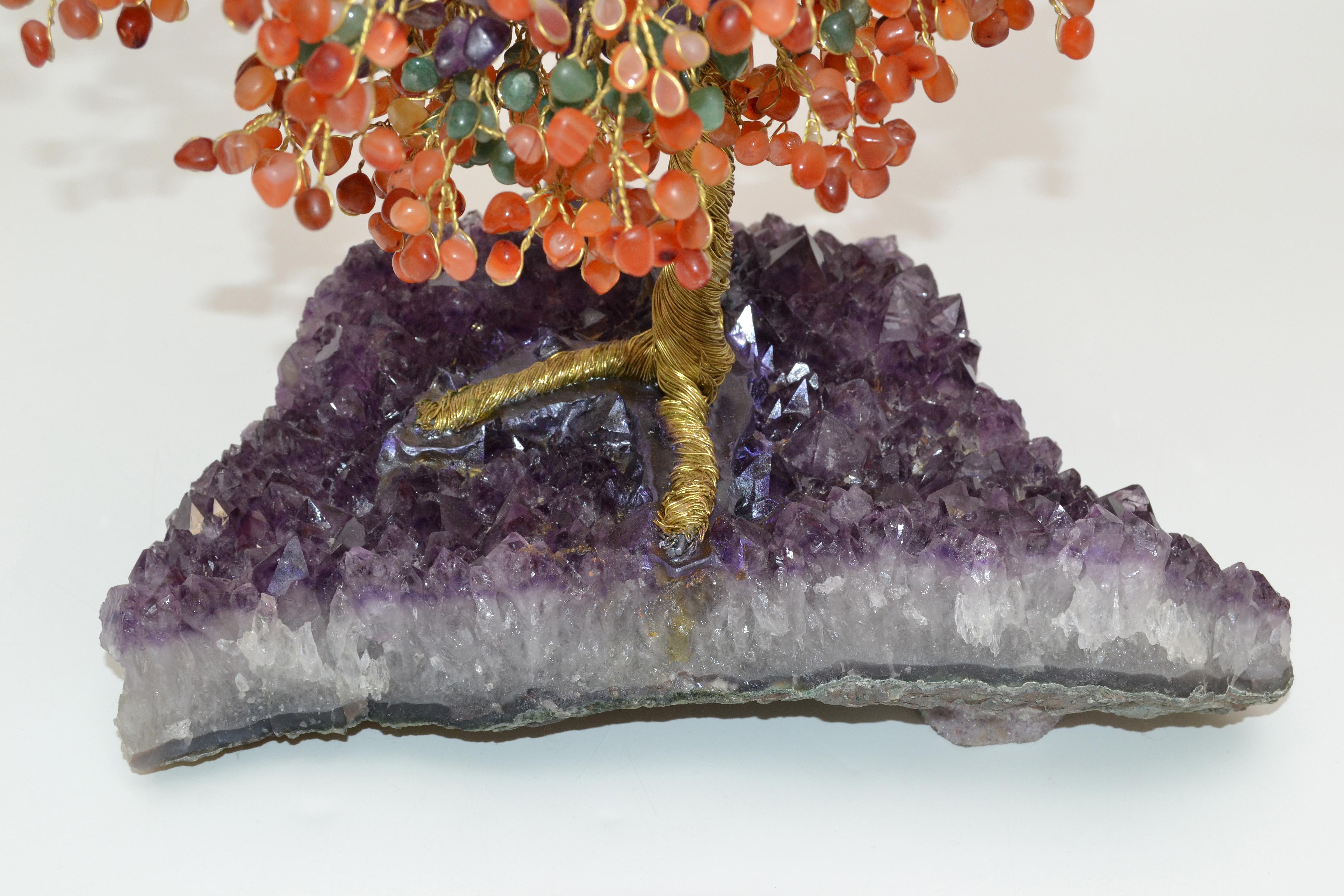 Handcraft Arts & Crafts Tree Metal Sculpture Beads Purple Amnesty Fossil Base en vente 1