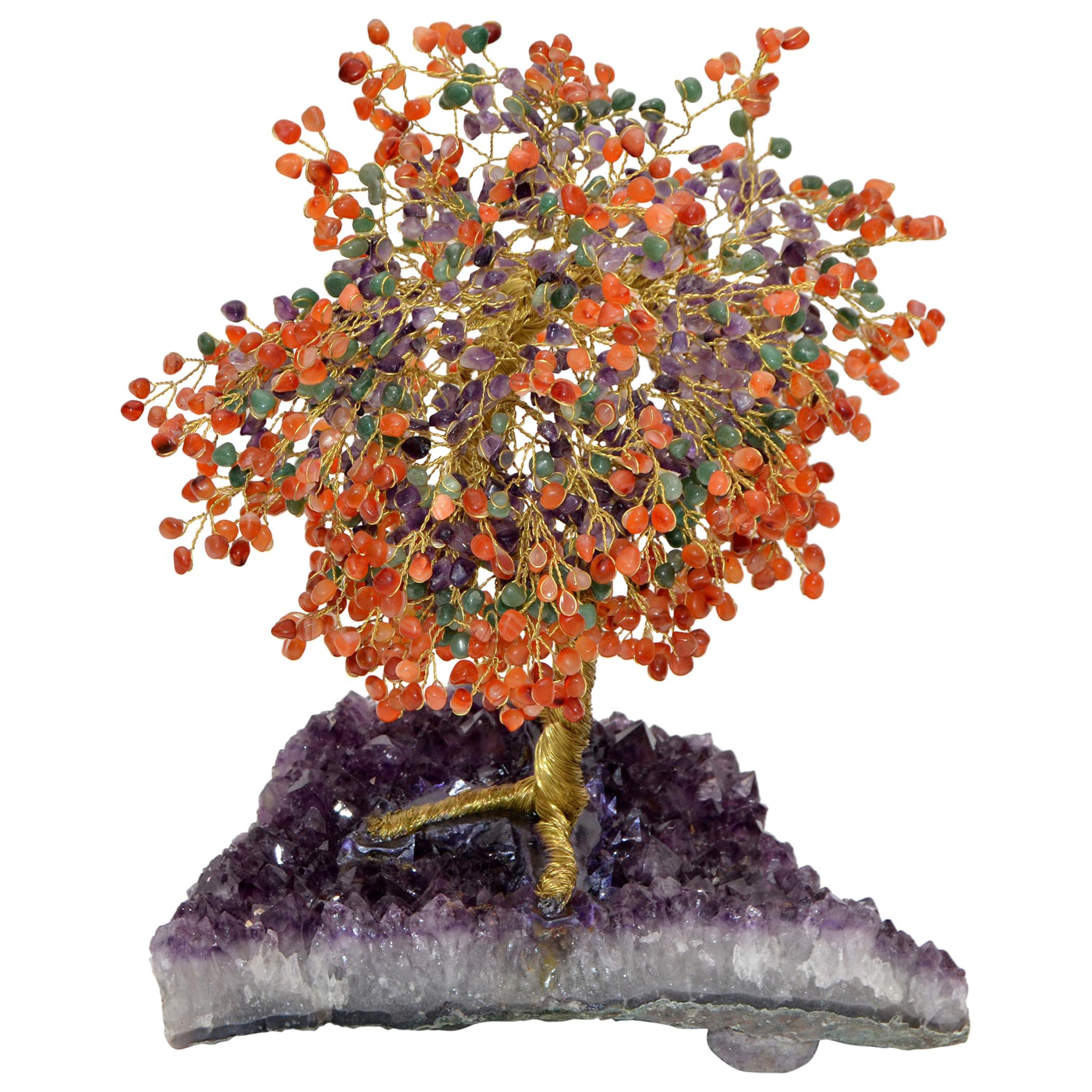 Handgefertigte Arts and Crafts Baum-Metall-Skulptur Perlen lila Amnesty Fossil-Sockel