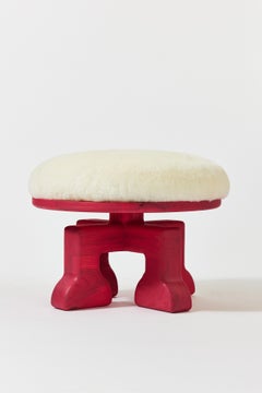 Handcrafted Ash Wood Stool with Shearling Seat, Raspberry Pink, USA