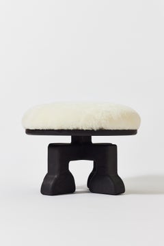 Handcrafted Ash Wood Stool with Shearling Seat, The Muffin Man (Black), USA