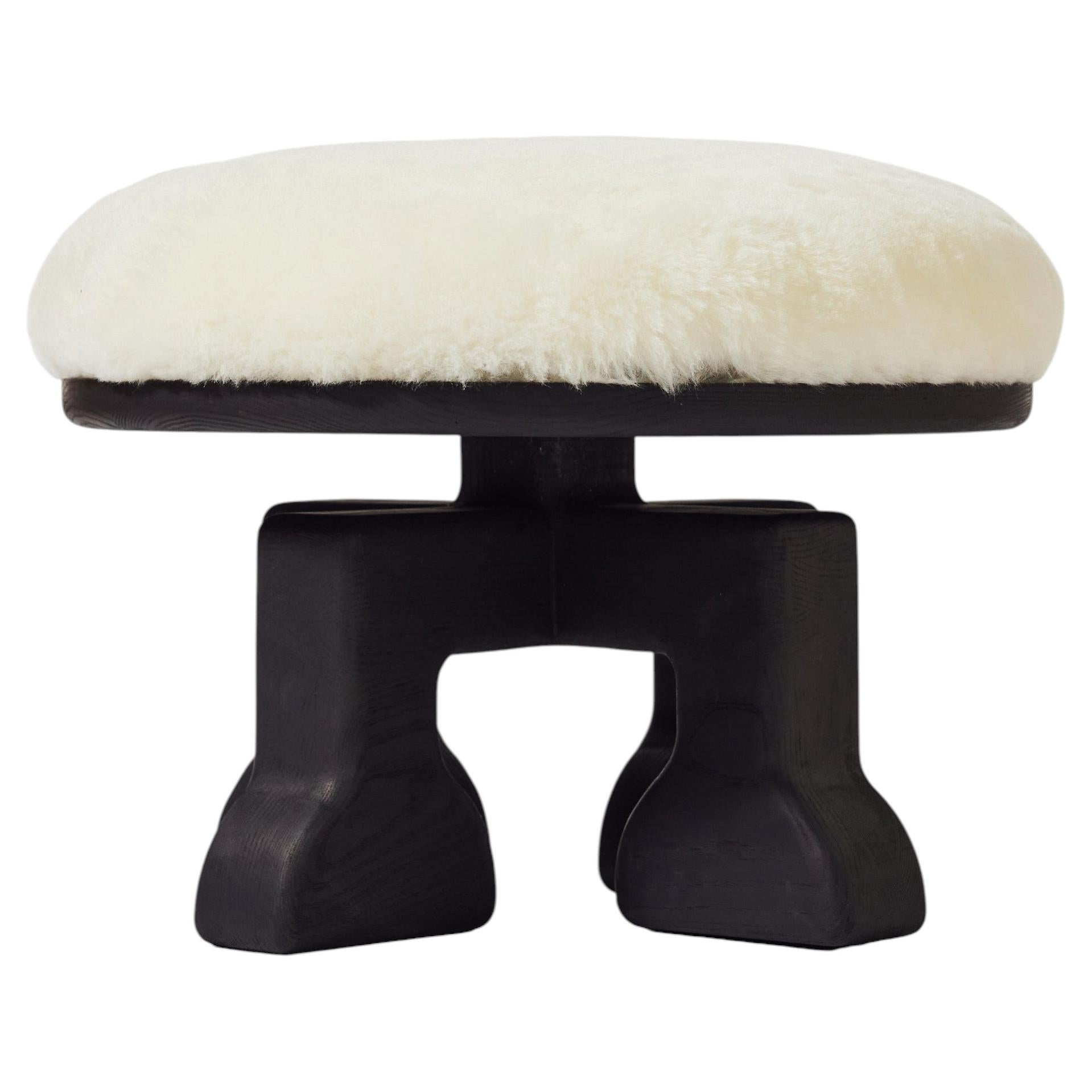 Handcrafted Ash Wood Stool w/ Shearling (White) Seat, The Muffin Man (Black) For Sale