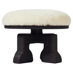 Handcrafted Ash Wood Stool with Shearling Seat, The Muffin Man (Black), USA