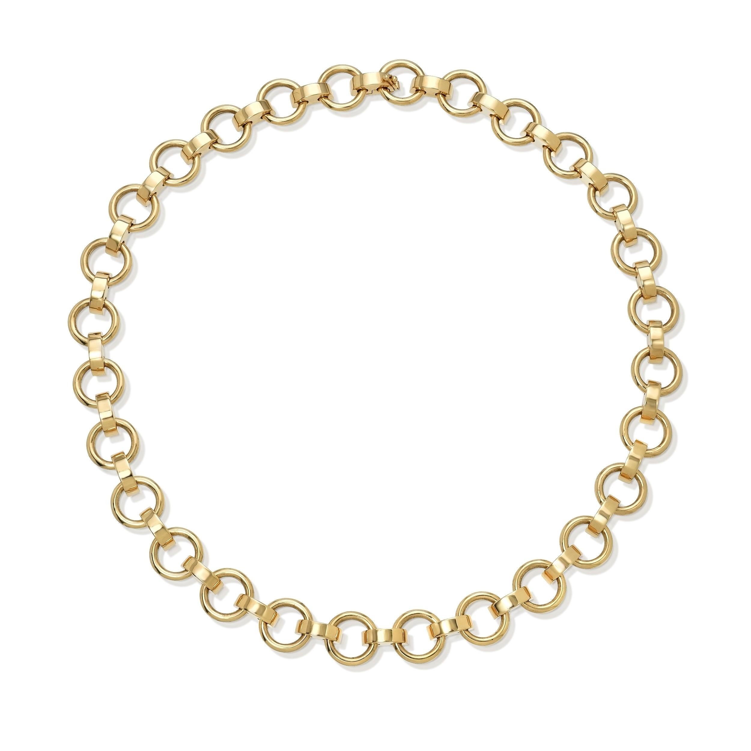 Handcrafted 18K gold round and saddle-shaped link necklace with hidden closure.

Necklace measures 17