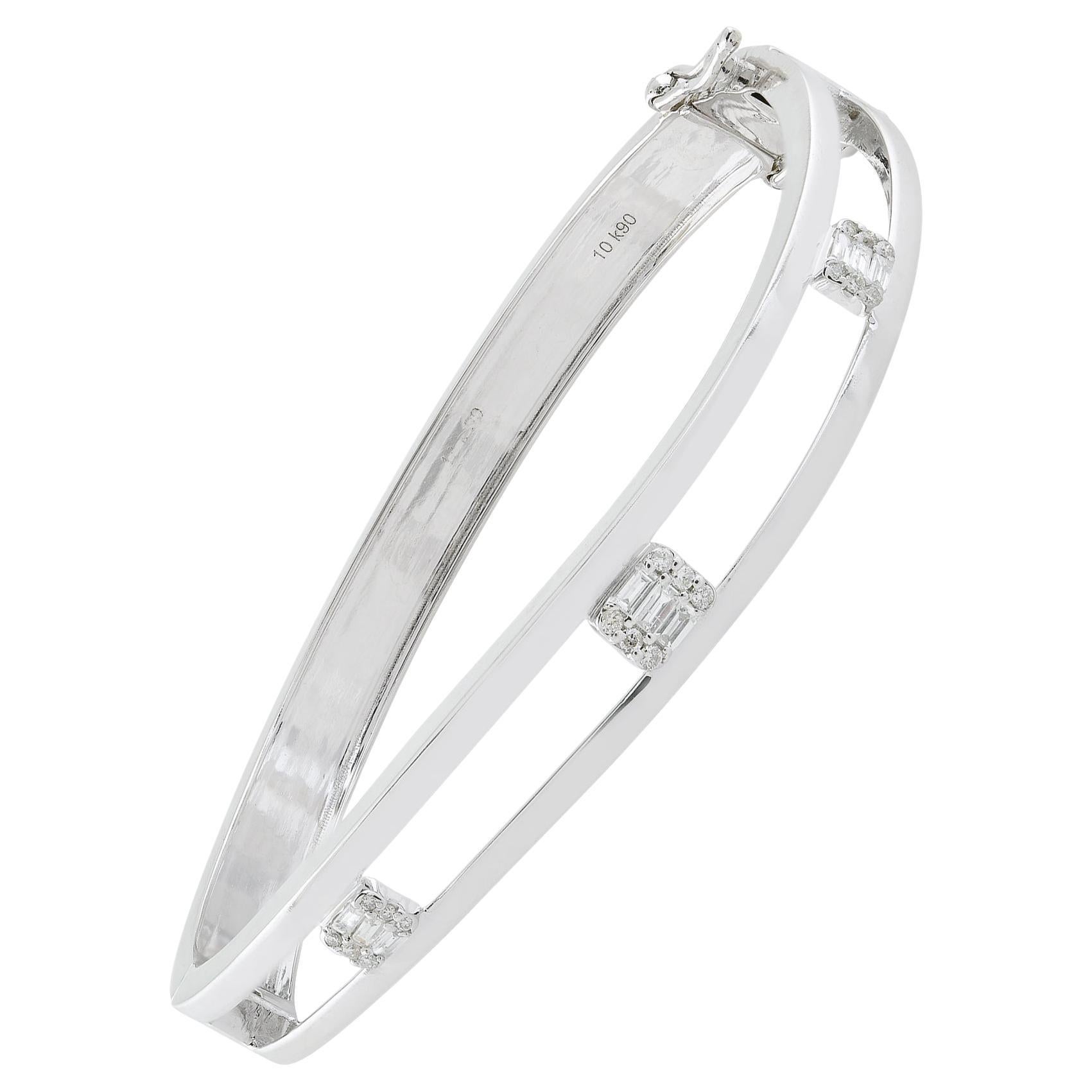 Modern Handcrafted Baguette SI/H Diamond Open Frame Cuff Bracelet 10 Karat White Gold For Sale