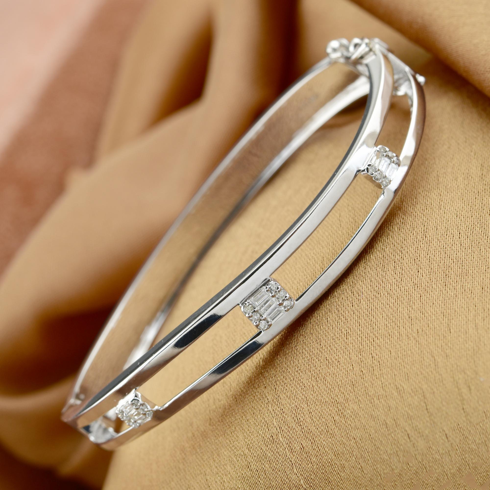 Baguette Cut Handcrafted Baguette SI/H Diamond Open Frame Cuff Bracelet 10 Karat White Gold For Sale