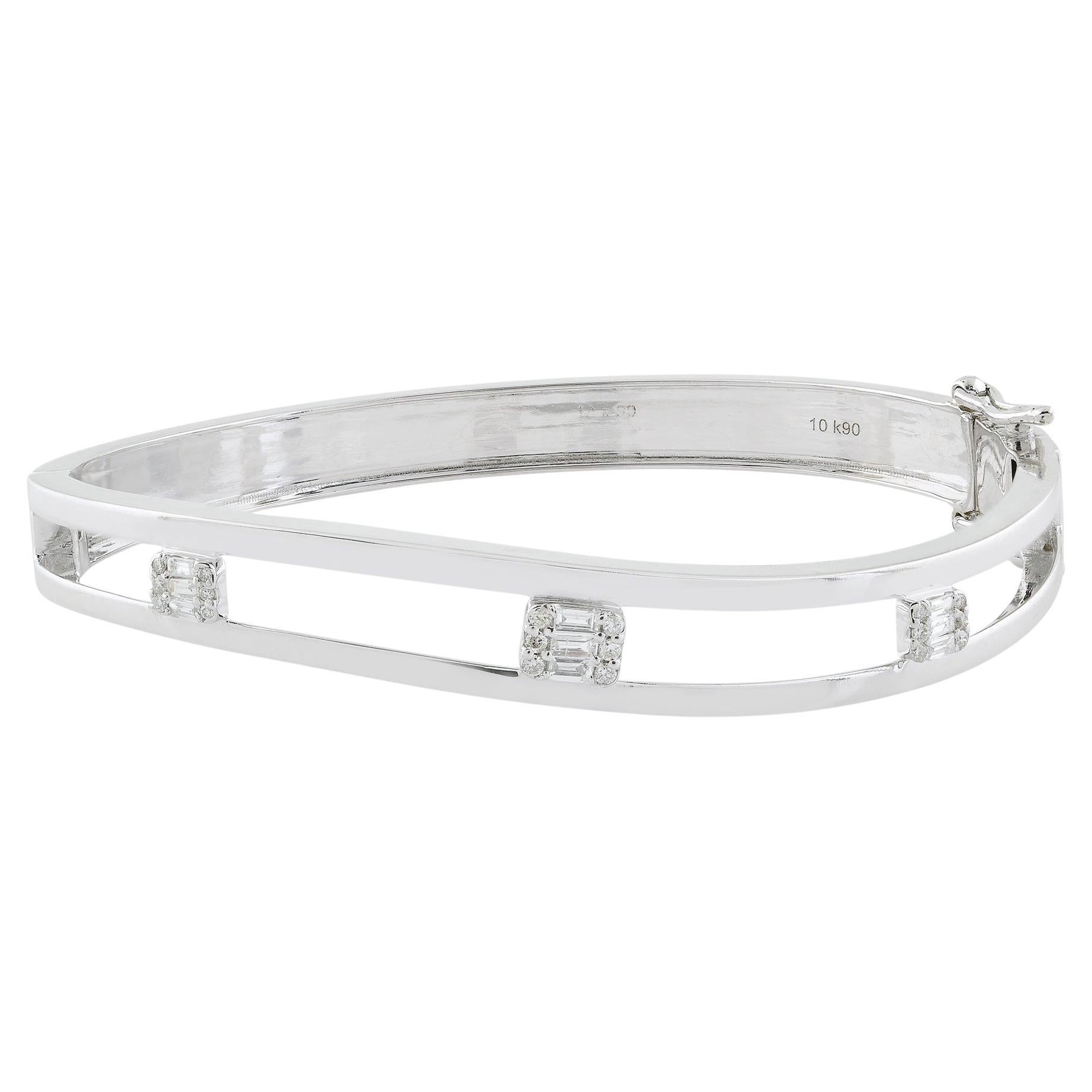Handcrafted Baguette SI/H Diamond Open Frame Cuff Bracelet 10 Karat White Gold For Sale