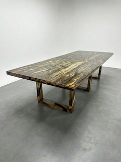 Handcrafted Bark & Moss Dining Table, Clear Epoxy Resin, Modern Design Table