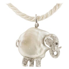 Handcrafted Baroque Pearl, Diamonds, White Gold, Elephant Pendant