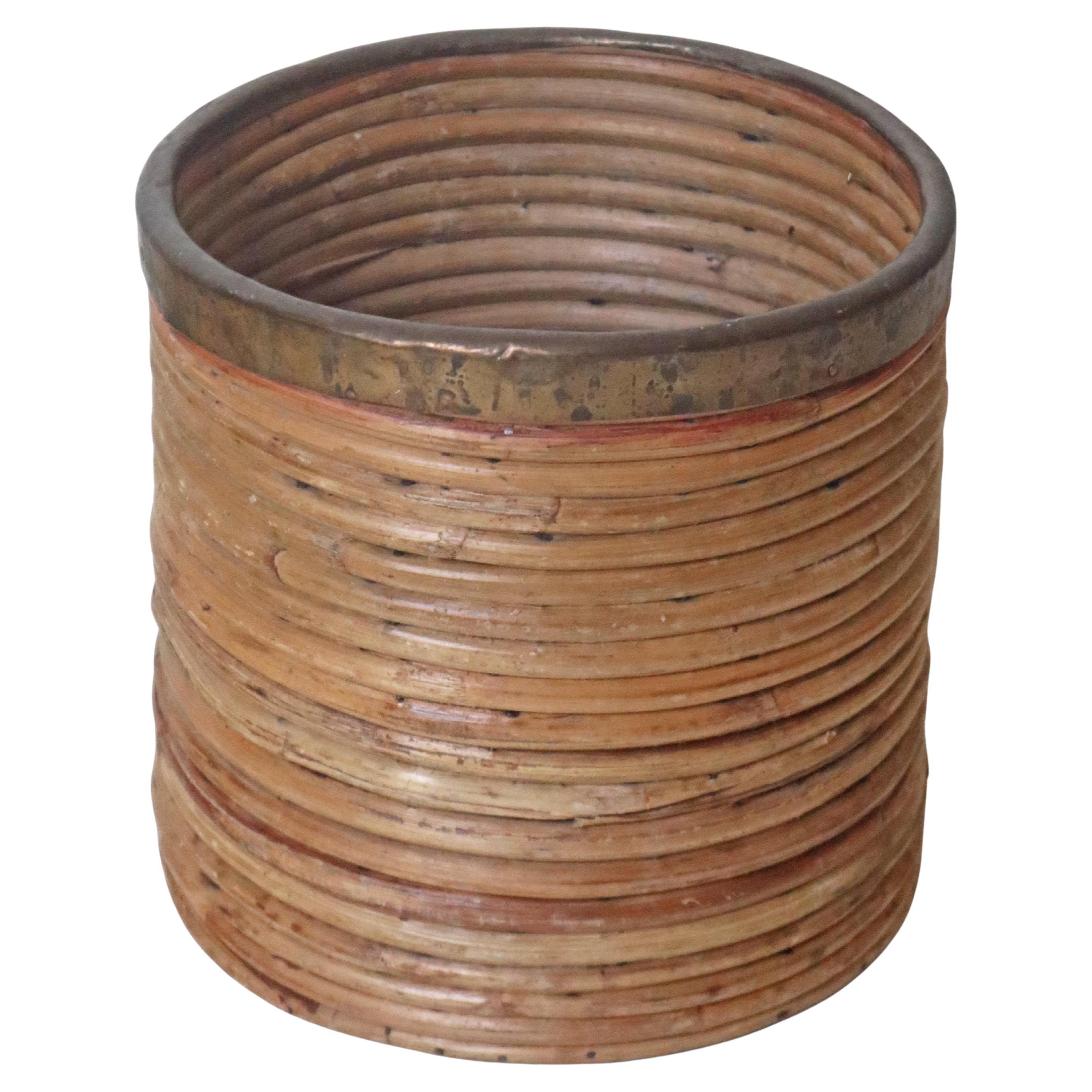 Handcrafted Basket Made Of Willow And Brass, Italy, 1970s For Sale