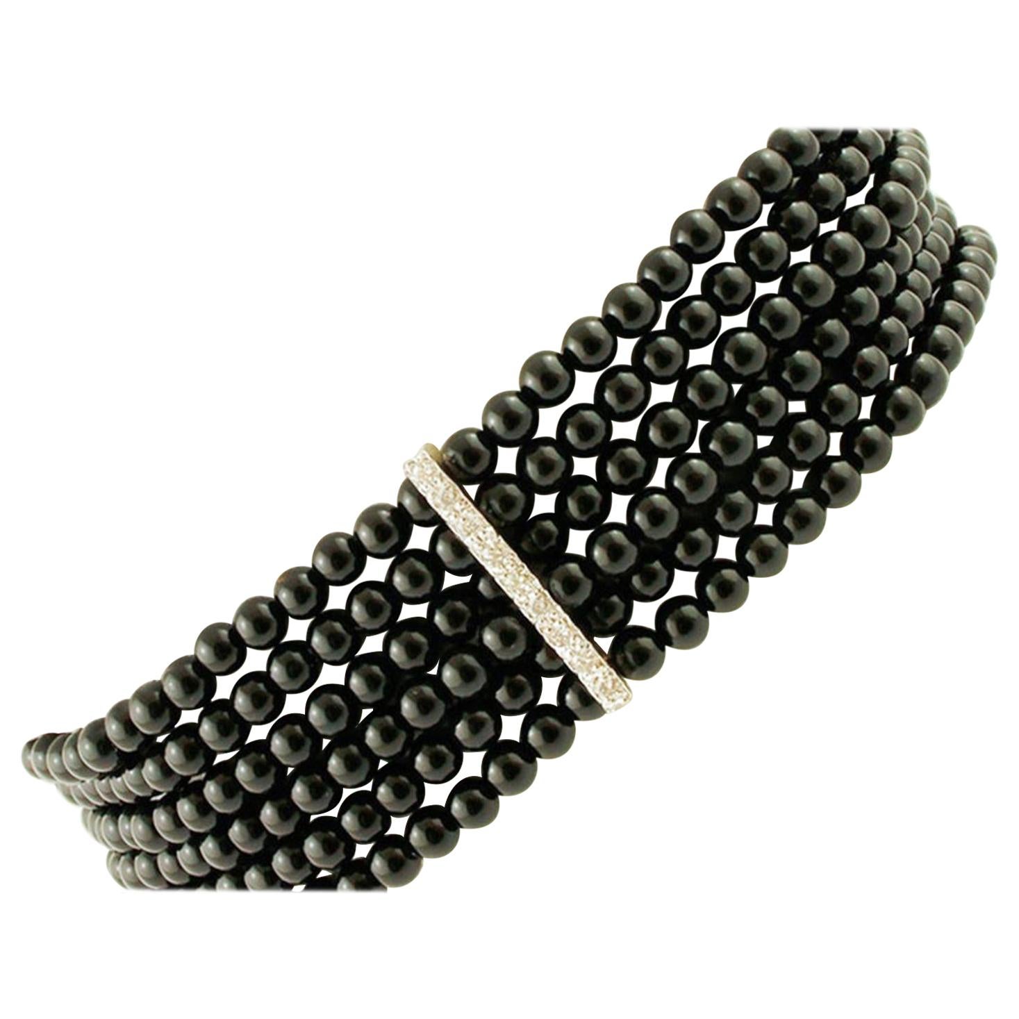 Handcrafted Beaded Bracelet Onyx, Diamonds, 14 Karat White Gold