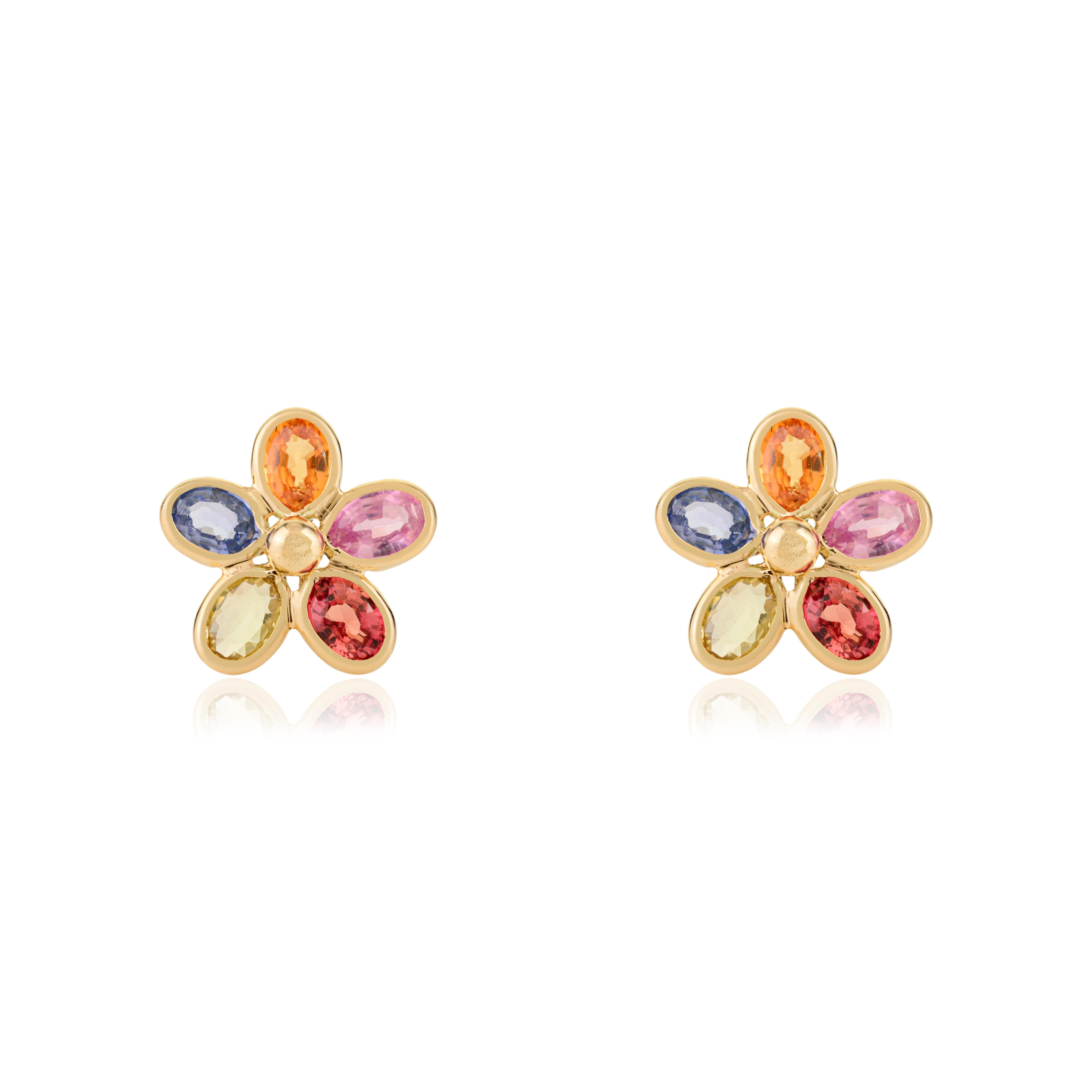 Handcrafted Bezel Set Multi Sapphire Flower Stud Earrings in 14k Yellow Gold im Angebot 3