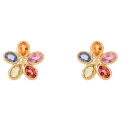 Handcrafted Bezel Set Multi Sapphire Flower Stud Earrings in 14k Yellow Gold