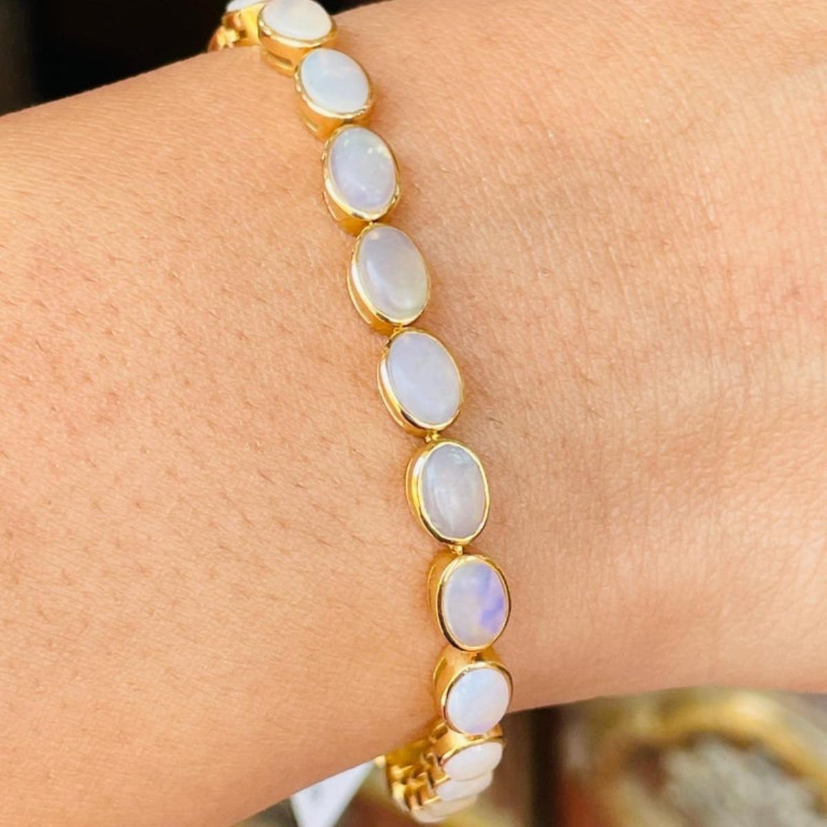 Handcrafted Bezel Set Oval Opal Tennis Bracelet in 18k Yellow Gold for Women In New Condition For Sale In New York, NY