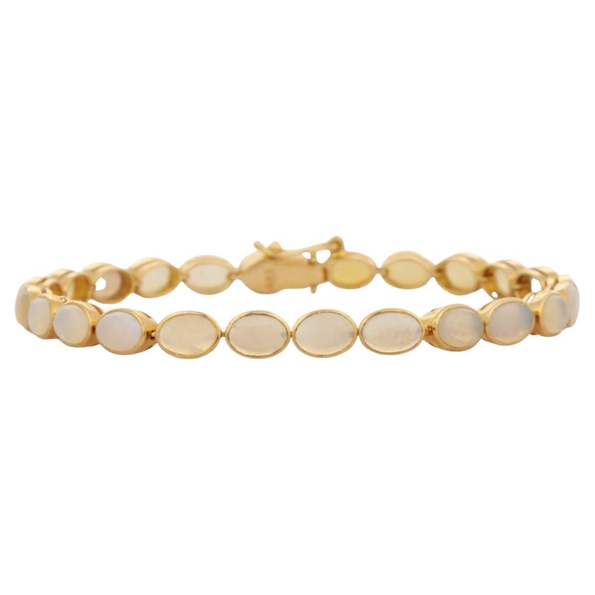 Handcrafted Bezel Set Oval Opal Tennis Bracelet in 18k Yellow Gold for Women