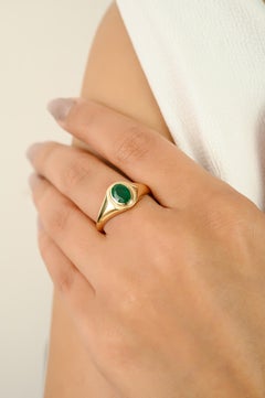 Handcrafted Bezel Set Oval Zambian Emerald Signet Ring with 14k Yellow Gold