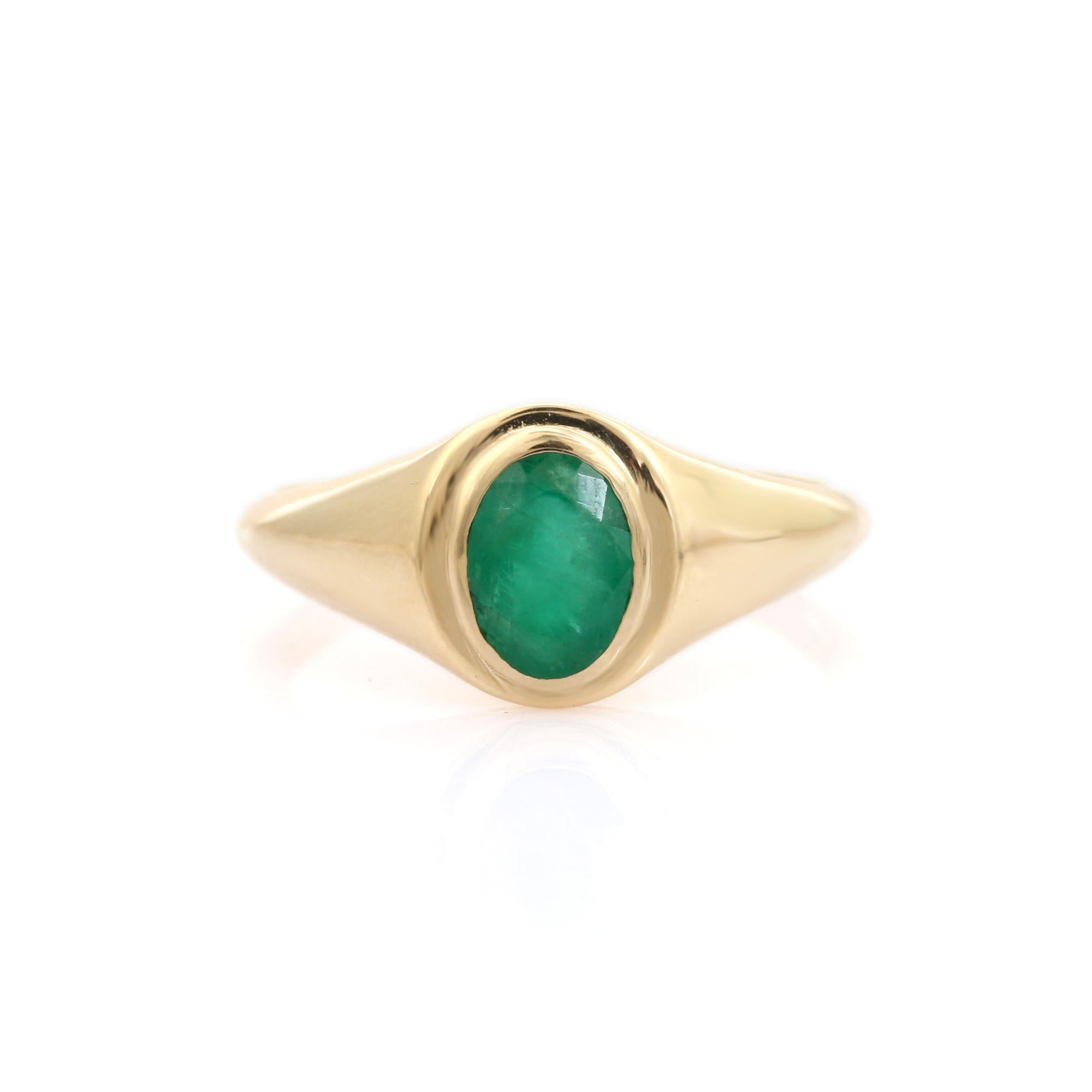 Im Angebot: Handgefertigte Lünette Set Oval sambischen Smaragd Signet Ring mit 14k Gelbgold () 9