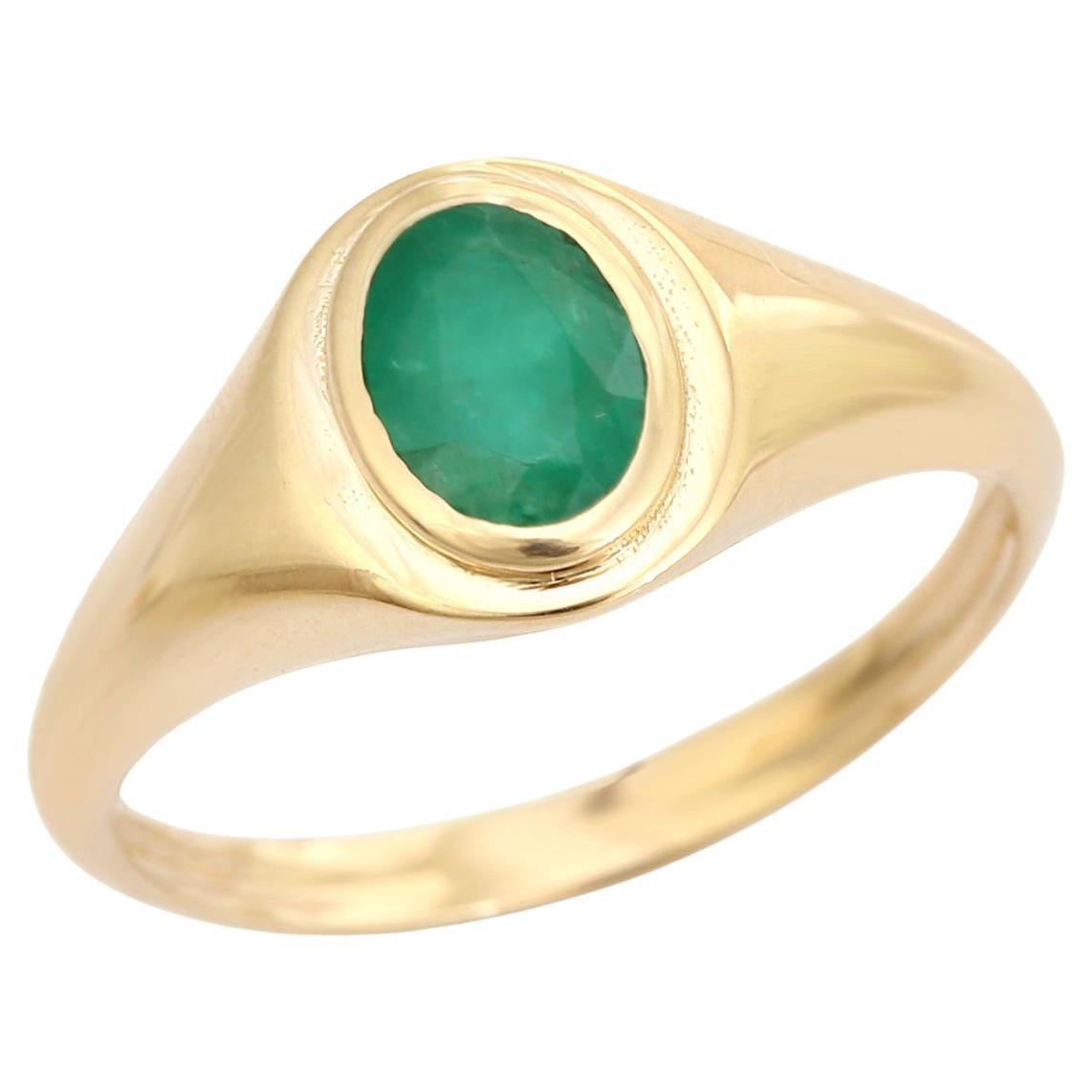 Handgefertigte Lünette Set Oval sambischen Smaragd Signet Ring mit 14k Gelbgold