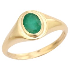 Handcrafted Bezel Set Oval Zambian Emerald Signet Ring with 14k Yellow Gold