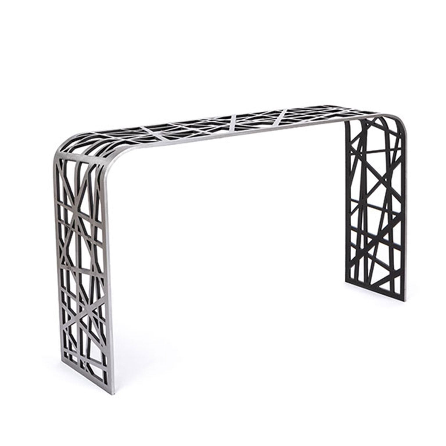 A unique design inspired by the National Stadium in Beijing, China, this sculptural table is made from a single sheet of laser-cut steel which is then heated and shaped by hand. The underside is hand painted purposefully in a dark color to