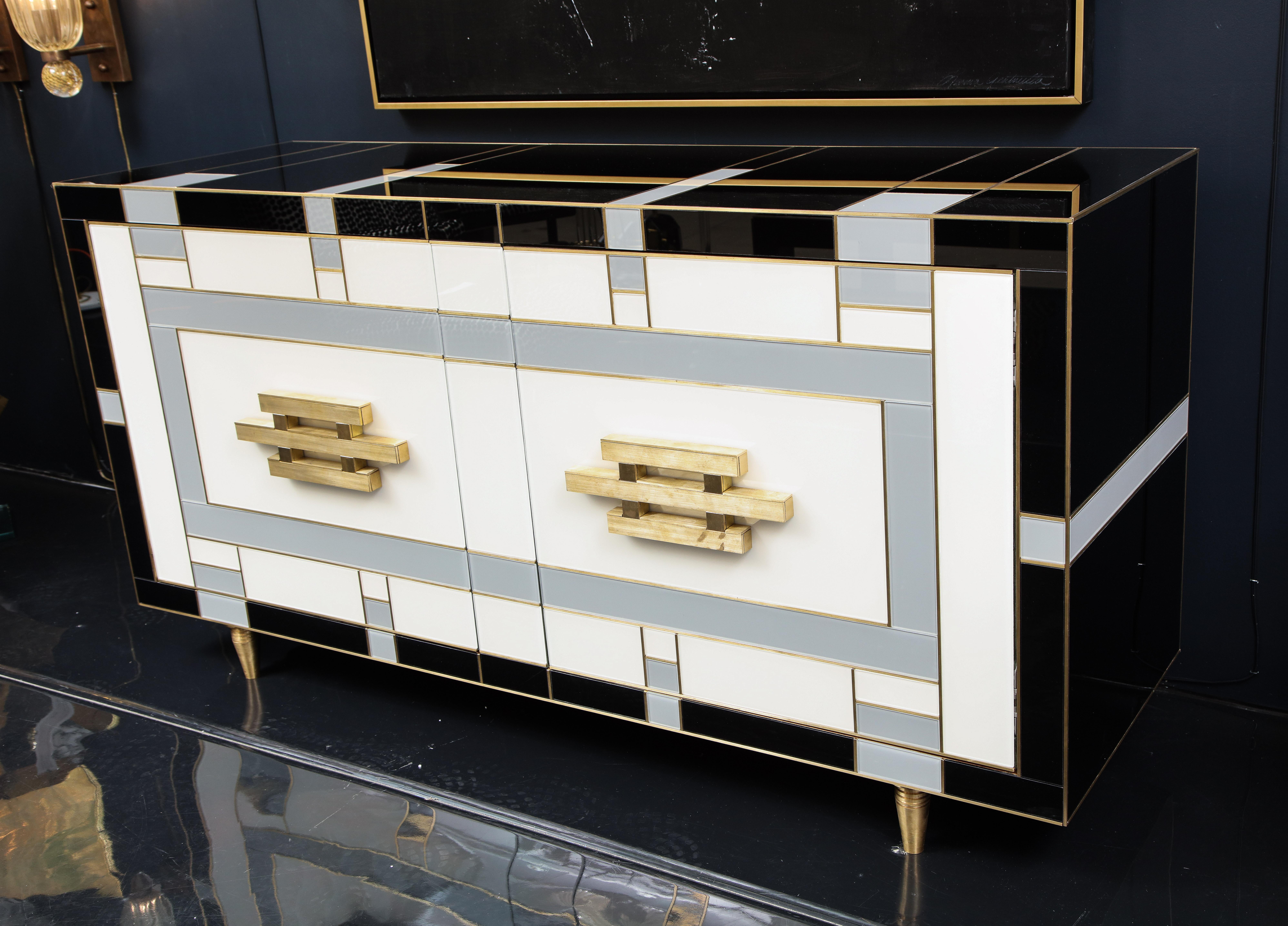Custom Handcrafted Black, Ivory and Grey Glass with Brass Inlay Sideboard, Spain 3