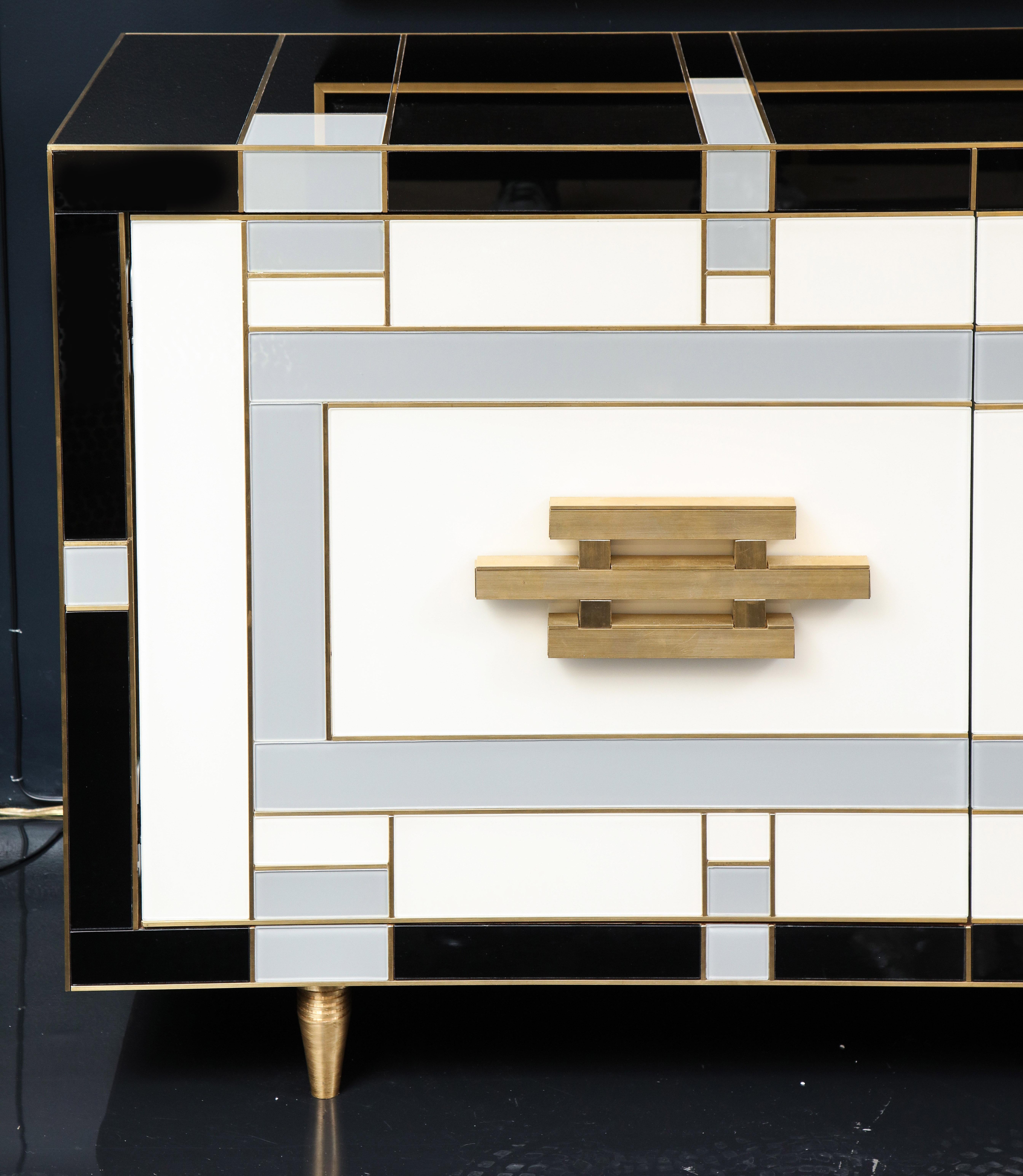 Mid-Century Modern Custom Handcrafted Black, Ivory and Grey Glass with Brass Inlay Sideboard, Spain