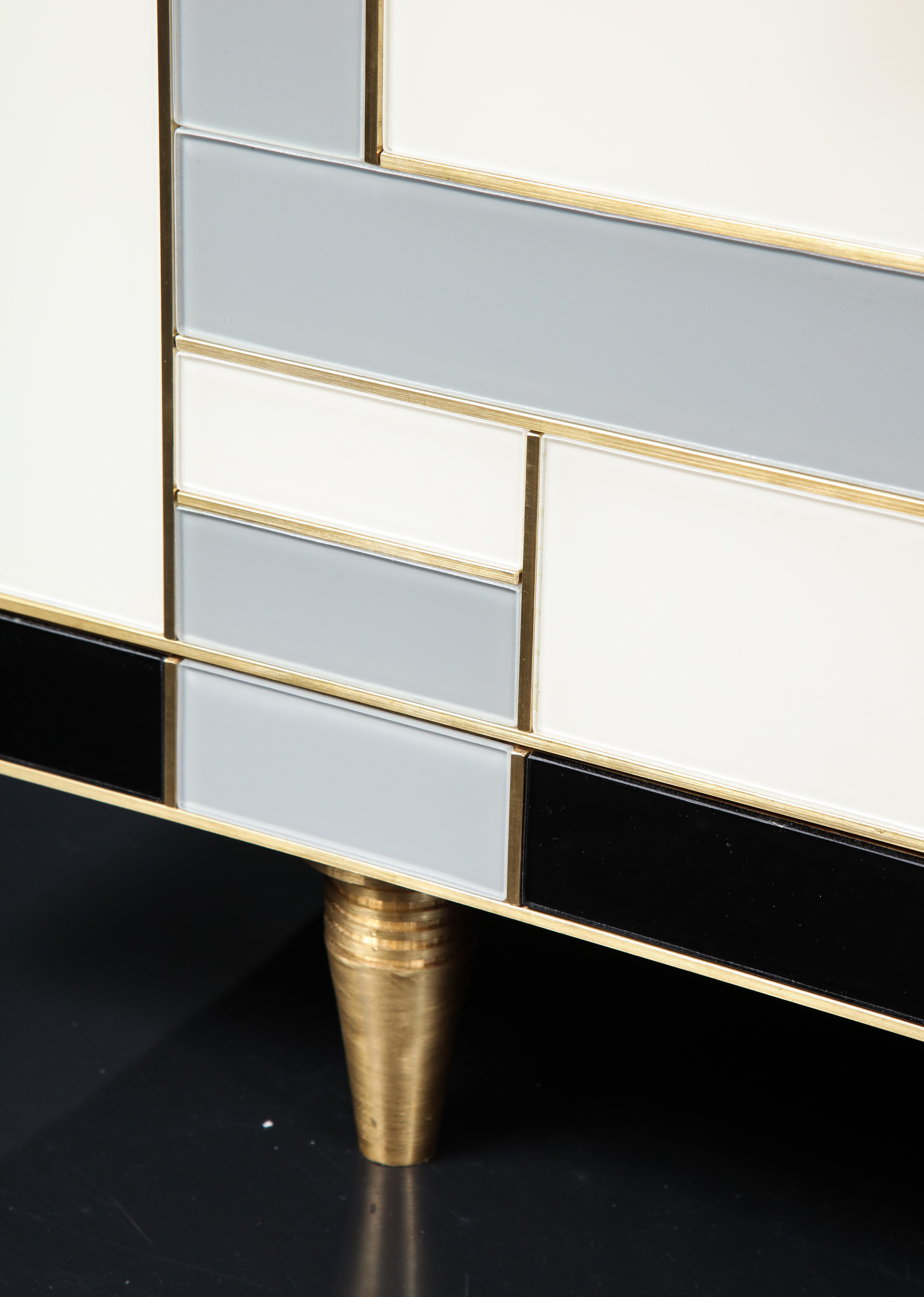 Spanish Custom Handcrafted Black, Ivory and Grey Glass with Brass Inlay Sideboard, Spain