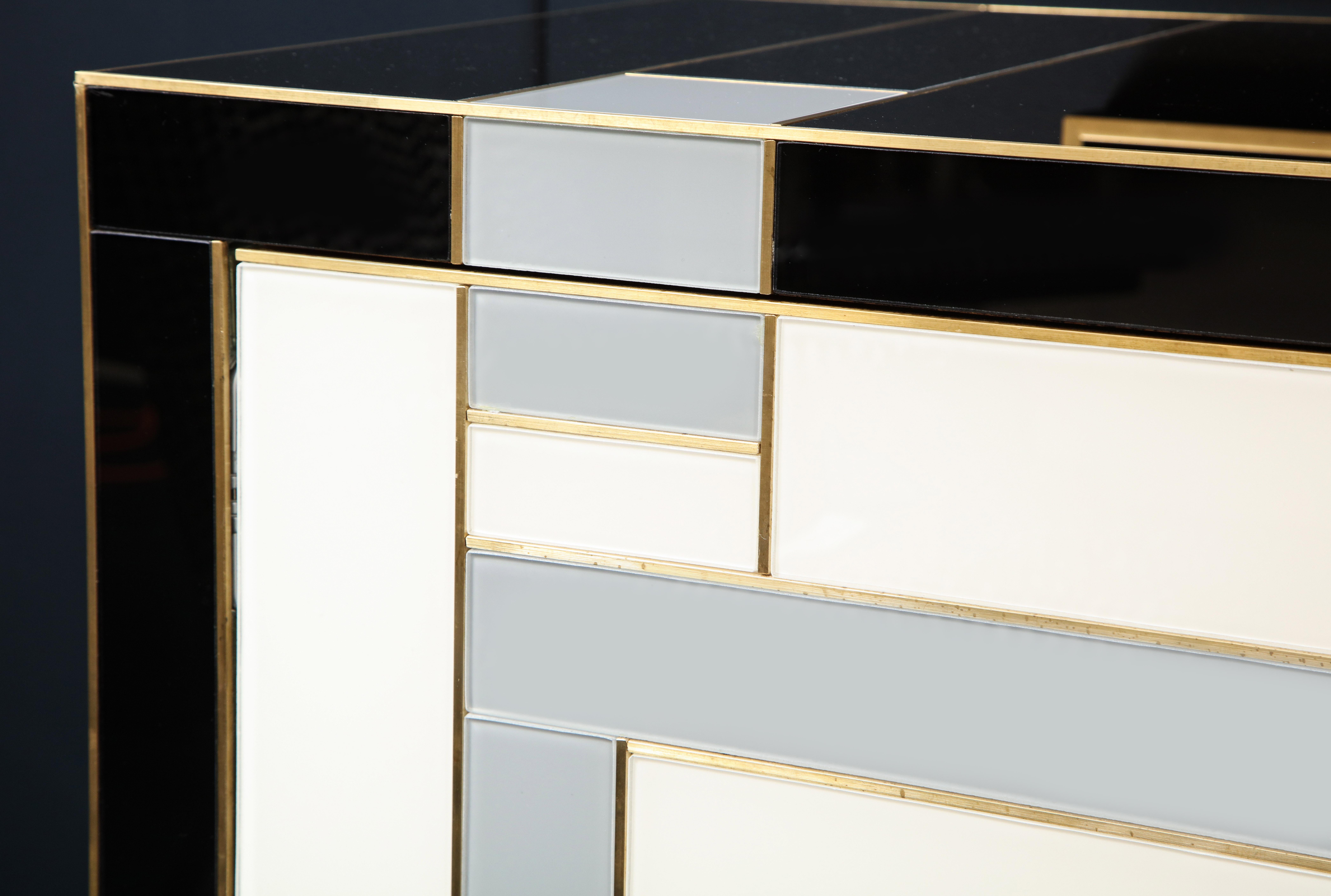 Hand-Crafted Custom Handcrafted Black, Ivory and Grey Glass with Brass Inlay Sideboard, Spain