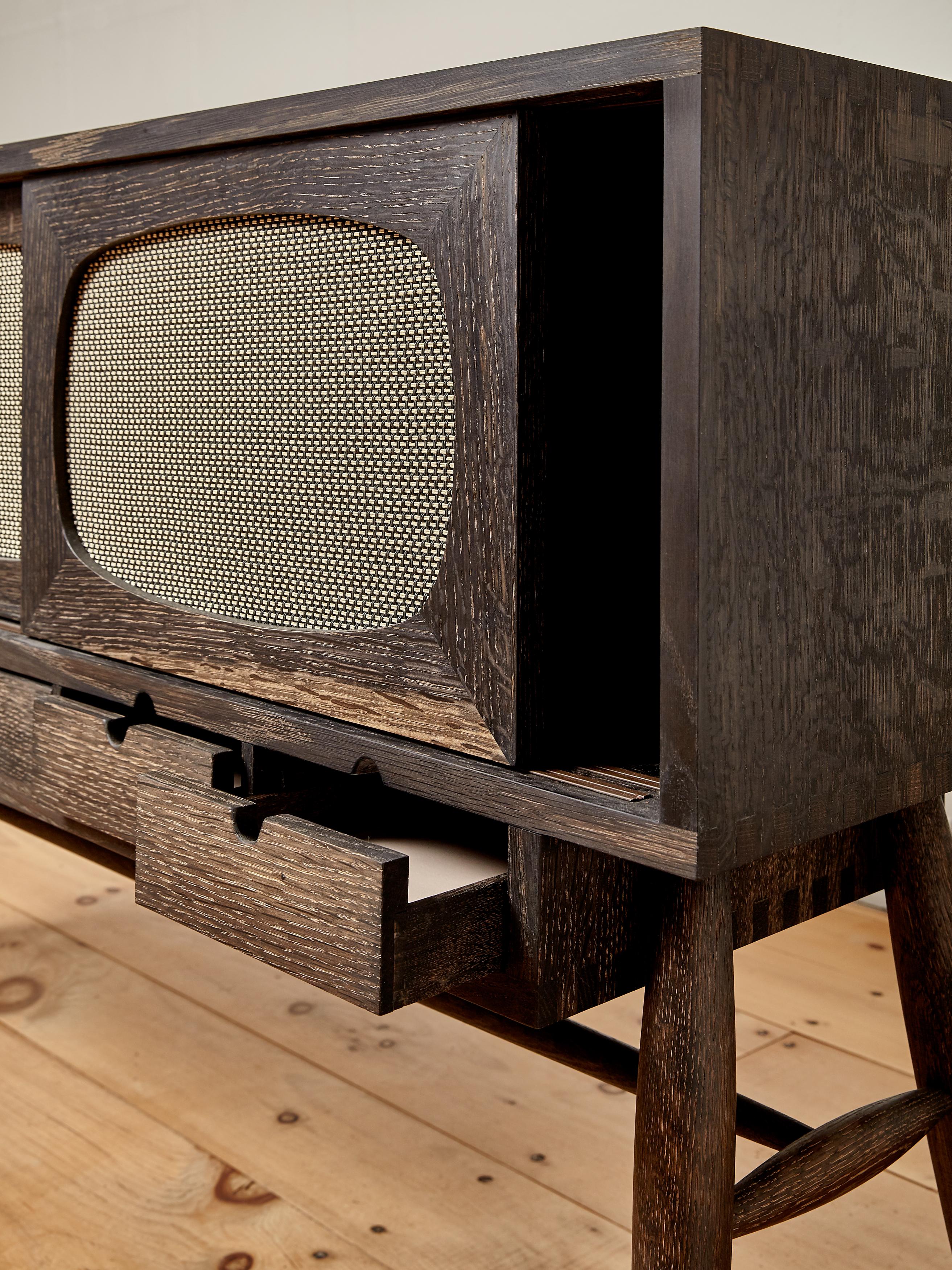Organic Modern Handcrafted Blackened Oak TV Console For Sale