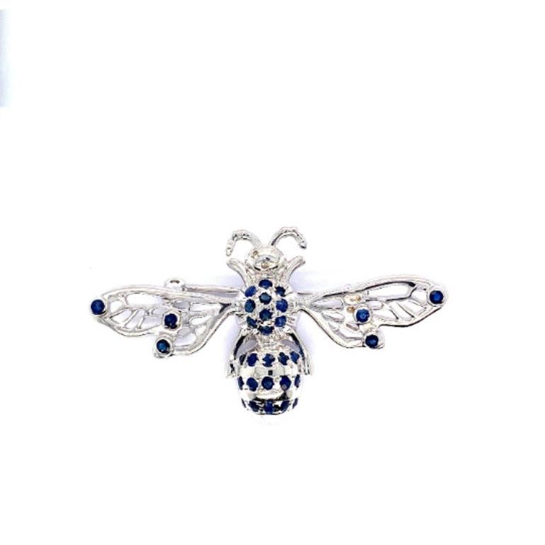 Art Deco Handcrafted Blue Sapphire and Diamond Bee Brooch in Sterling Silver For Sale
