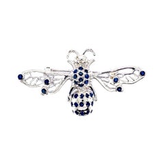 Handcrafted Blue Sapphire and Diamond Bee Brooch in Sterling Silver