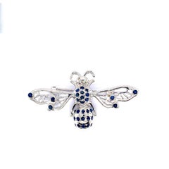 Handcrafted Blue Sapphire and Diamond Bee Insect Brooch in Sterling Silver