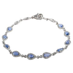 Handcrafted Blue Sapphire and Halo Diamond Chain Bracelet in 14k White Gold