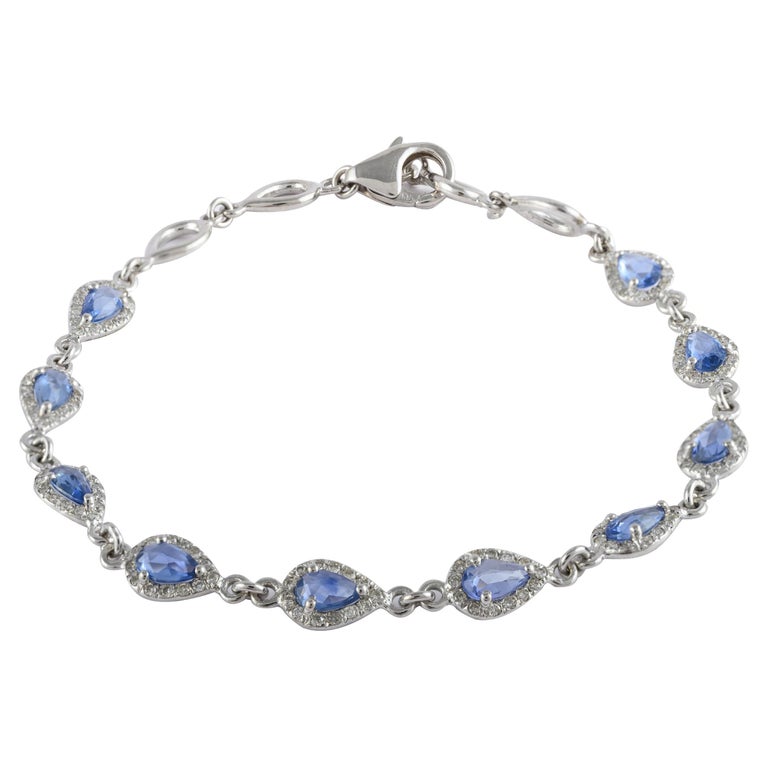 Handcrafted Blue Sapphire and Halo Diamond Chain Bracelet in 14k White