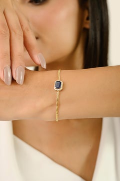 Handcrafted Blue Sapphire & Diamond Halo Chain Bracelet in 14K Yellow Gold