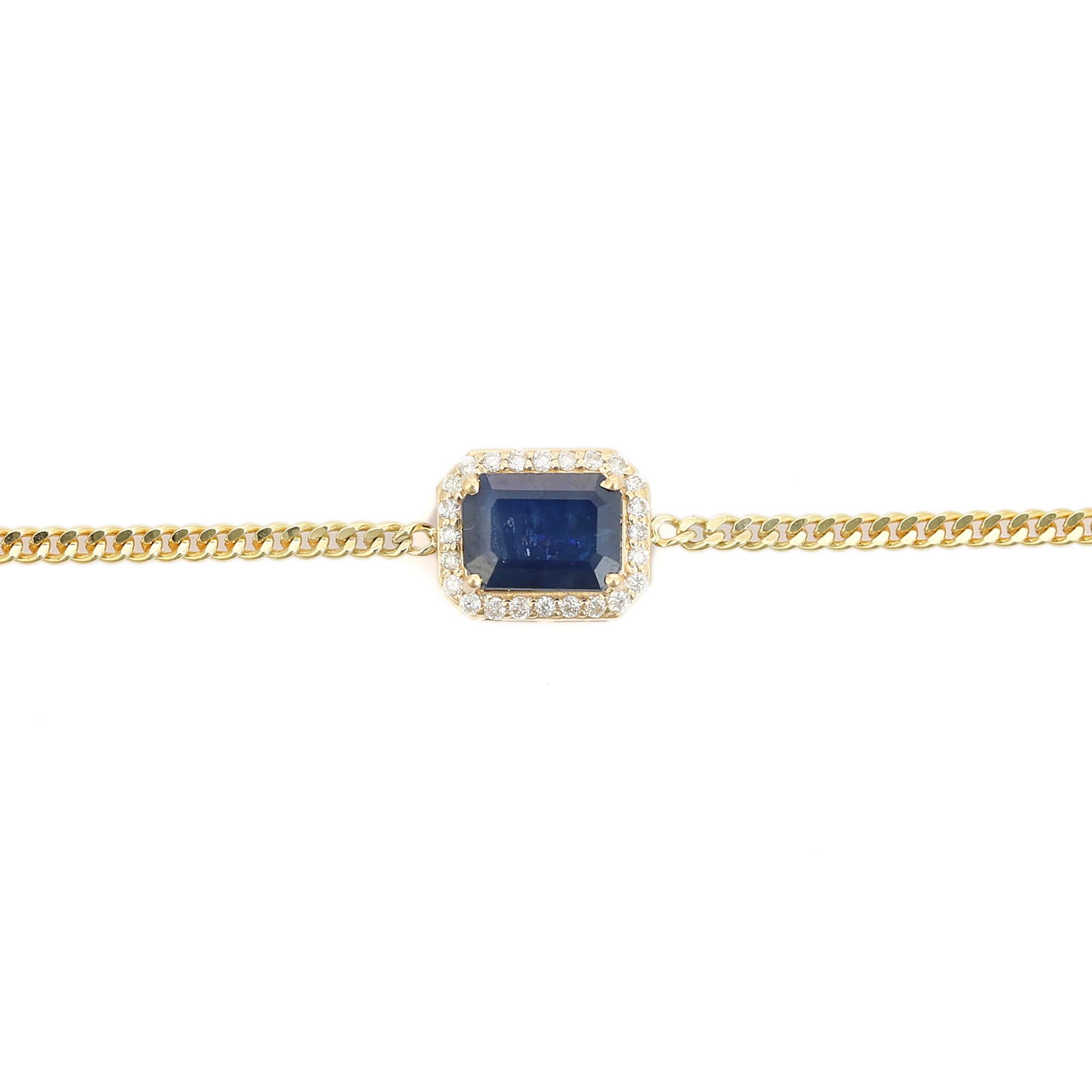 Modern Handcrafted Blue Sapphire & Diamond Halo Chain Bracelet in 14K Yellow Gold For Sale